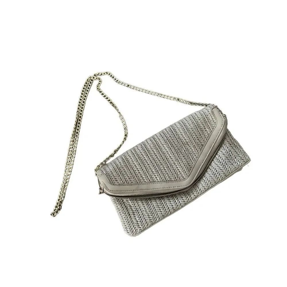 Woven Cross Body Soft Grey Purse with Gold Chain